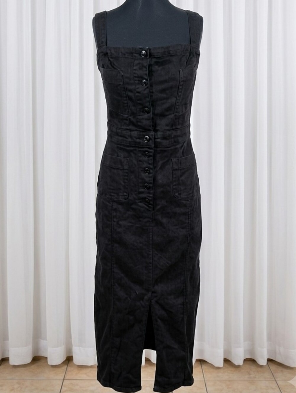 Good American Black Denim Button-Front Square Neck Midi Dress